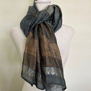 Silk Indian Dupatta Scarf Tri Color Bronze Blue Grey Temple Pattern Meditation